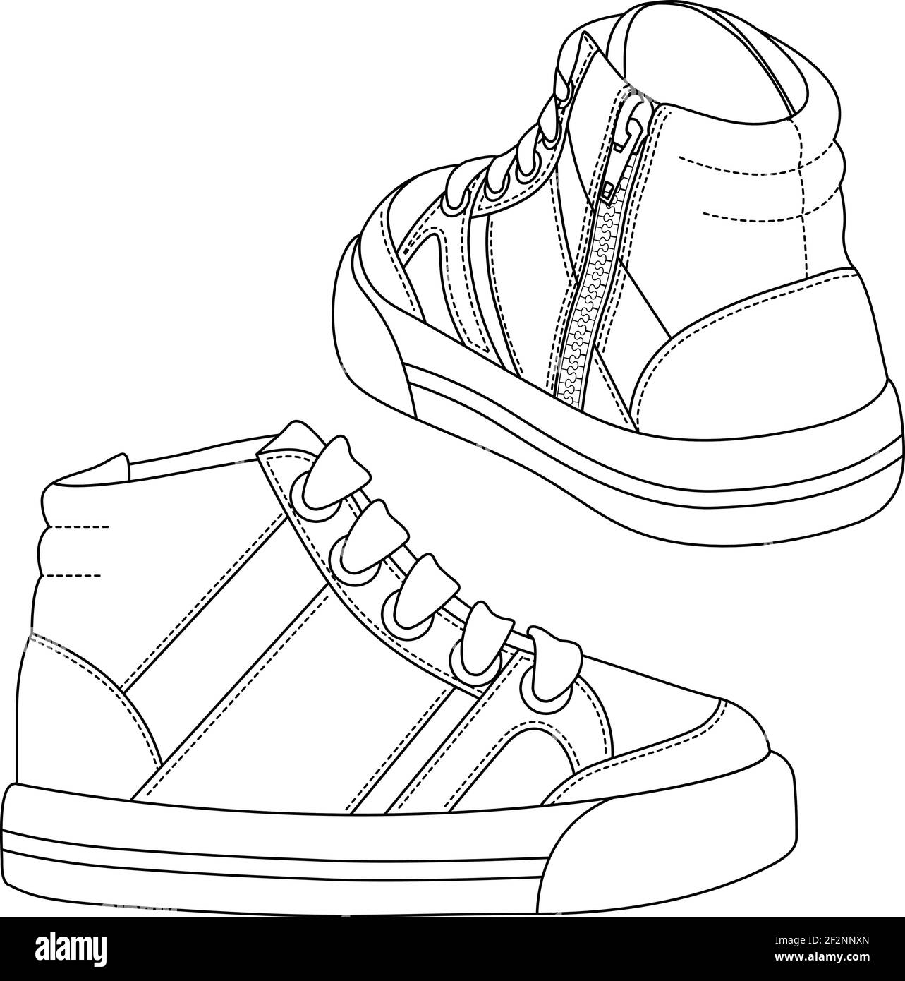 Disegni di contorno di Kids Sneakers. Boys Shoes modello di schizzo piatto alla moda. Illustrazione tecnica della moda della scarpa atletica. Linee nere di scarpe sportive su WI Illustrazione Vettoriale