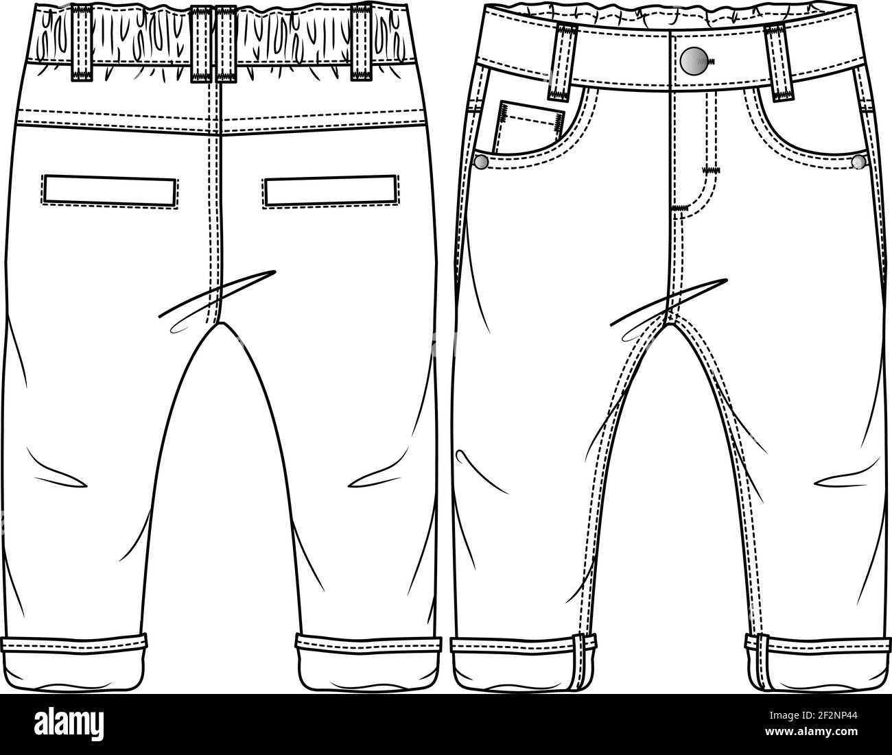 Baby Boys tessuta Pant modello di schizzo piano di moda. Illustrazione tecnica della moda. Arrotolato Hem. Tasche posteriori a filetto Illustrazione Vettoriale