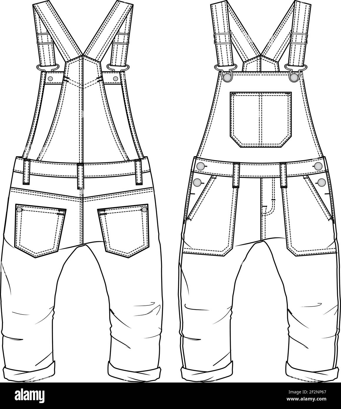 Modello di schizzo piatto alla moda Dungaree per bambini piccoli. Illustrazione tecnica della moda. Tuta intessuta per neonati Illustrazione Vettoriale