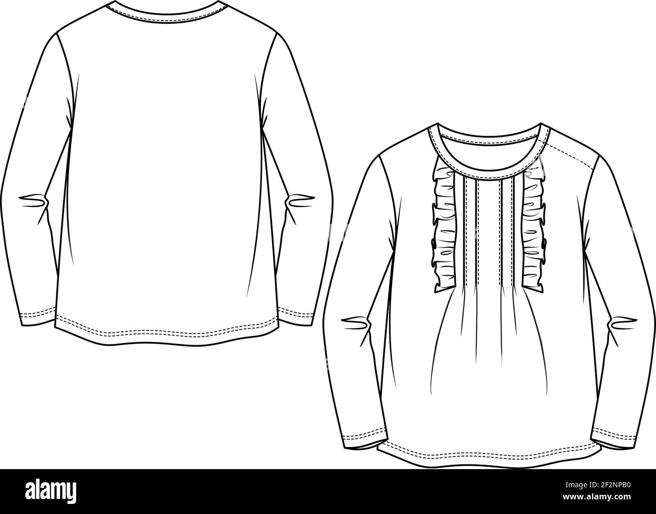 Baby Girls maniche lunghe top moda piatta modello di schizzo. Kids Girls Illustrazione tecnica di moda. Dettagli in ordine casuale anteriore. Apertura spalla Illustrazione Vettoriale