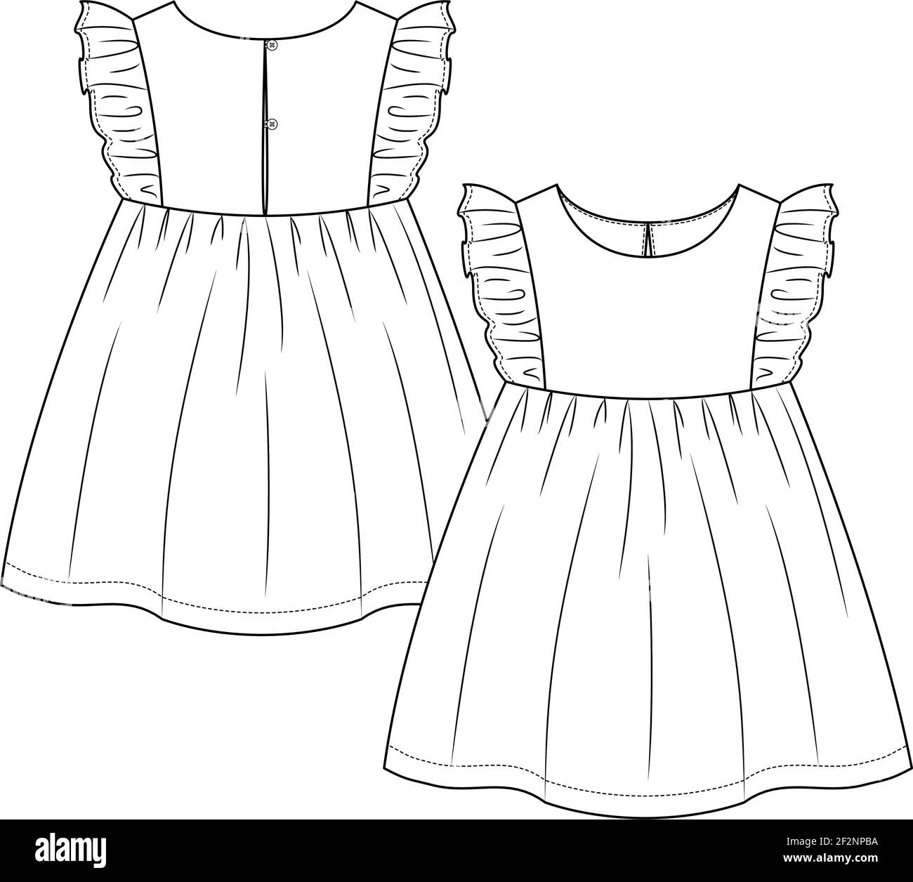 Baby Girls maniche di frill abito di moda, modello di schizzo piatto. Illustrazione tecnica della moda delle ragazze infantili. Apertura del pulsante Indietro Illustrazione Vettoriale