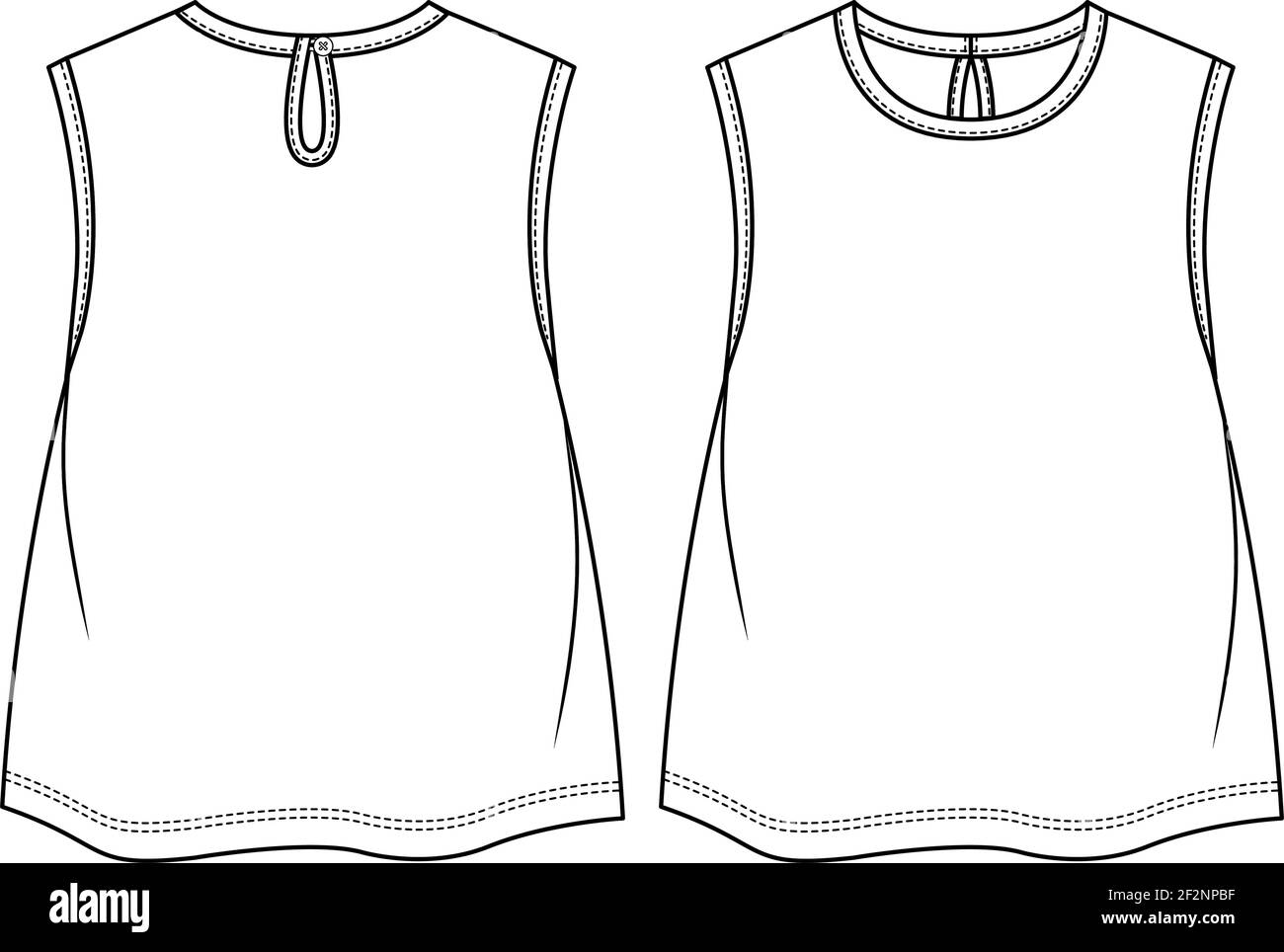 Modello di schizzo piatto alla moda per le ragazze del bambino. Illustrazione tecnica della moda dei bambini delle ragazze. Apertura della serratura posteriore. Rilegatura sul collo e sui fori da braccio Illustrazione Vettoriale