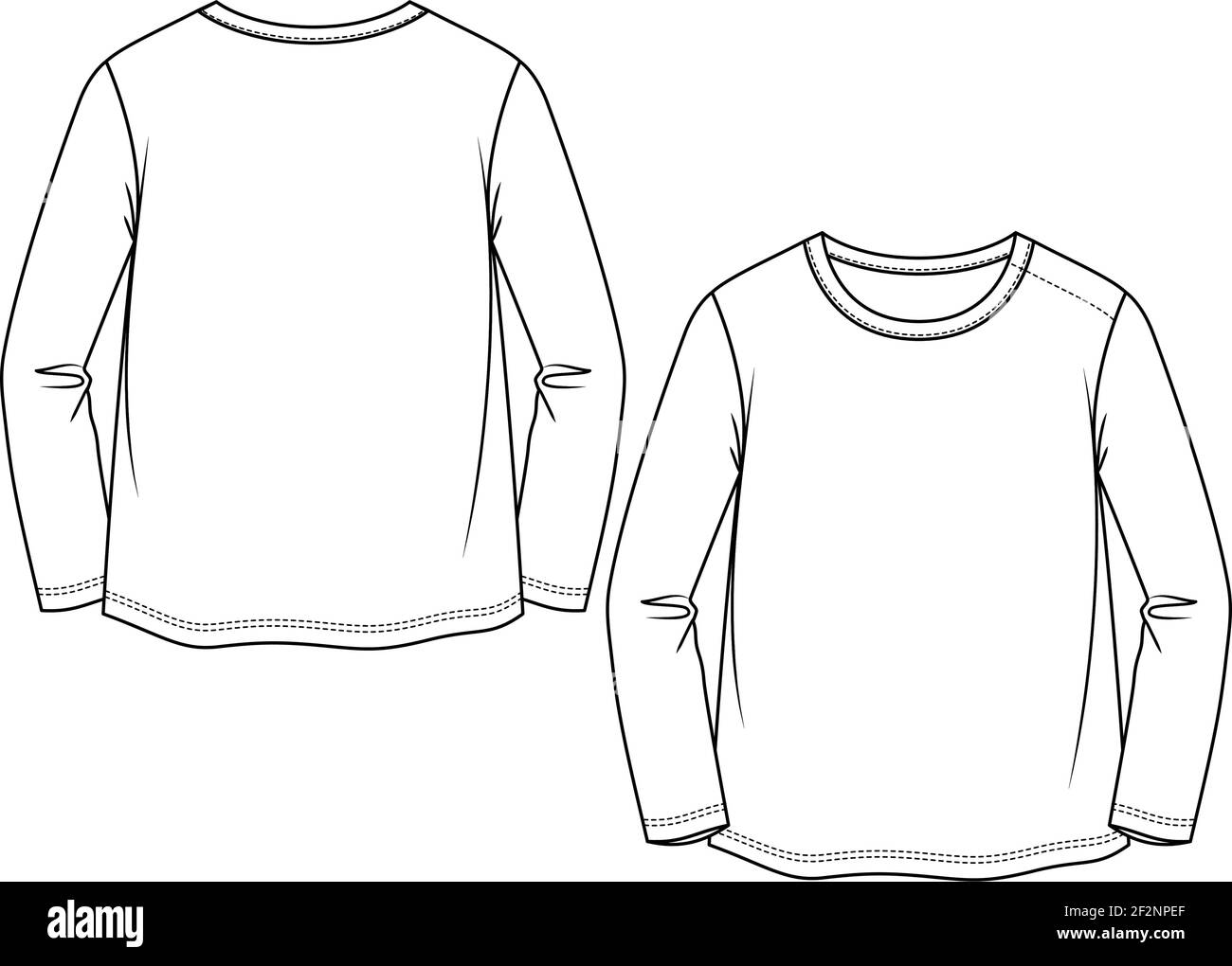 Baby Infant Girls Basic maniche lunghe Top fashion modello di schizzo piatto. Illustrazione tecnica della moda per bambini. Apertura spalla Illustrazione Vettoriale
