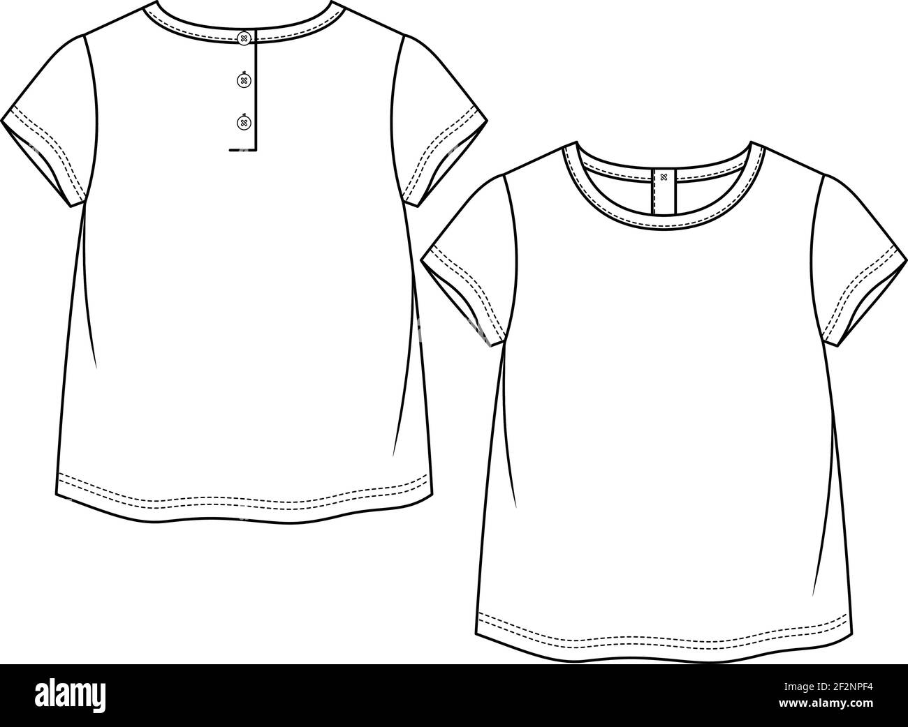 Baby Girls T-shirt di base modello di schizzo piatto di moda. Ragazze maniche corte Top Illustrazione tecnica di moda. Apertura del pulsante Indietro Illustrazione Vettoriale