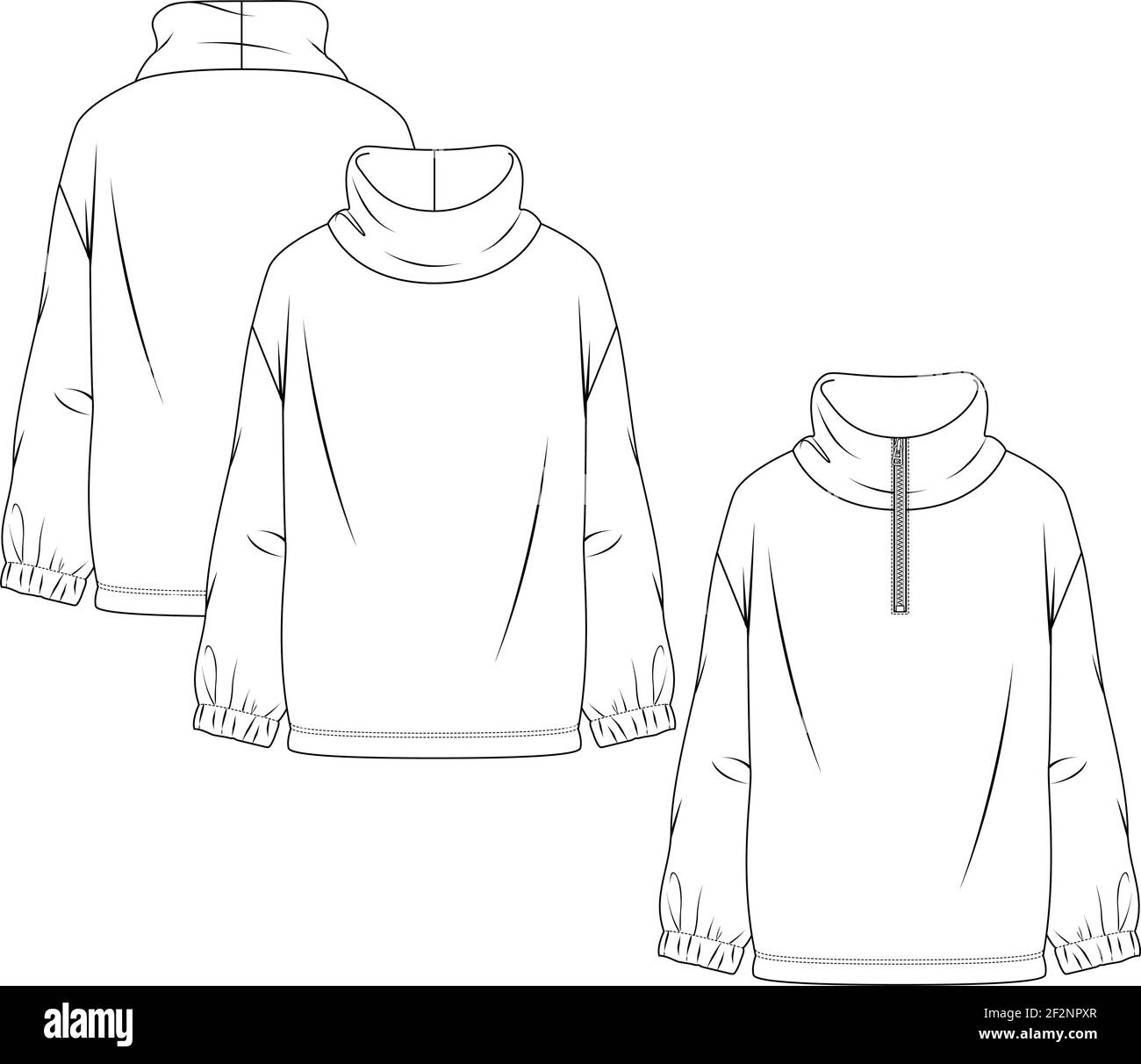 Donna Polar Fleece Turtleneck Sweatshirt moda piatto modello di schizzo. Illustrazione tecnica della moda delle ragazze. Maniche lunghe. Opzione cerniera Illustrazione Vettoriale