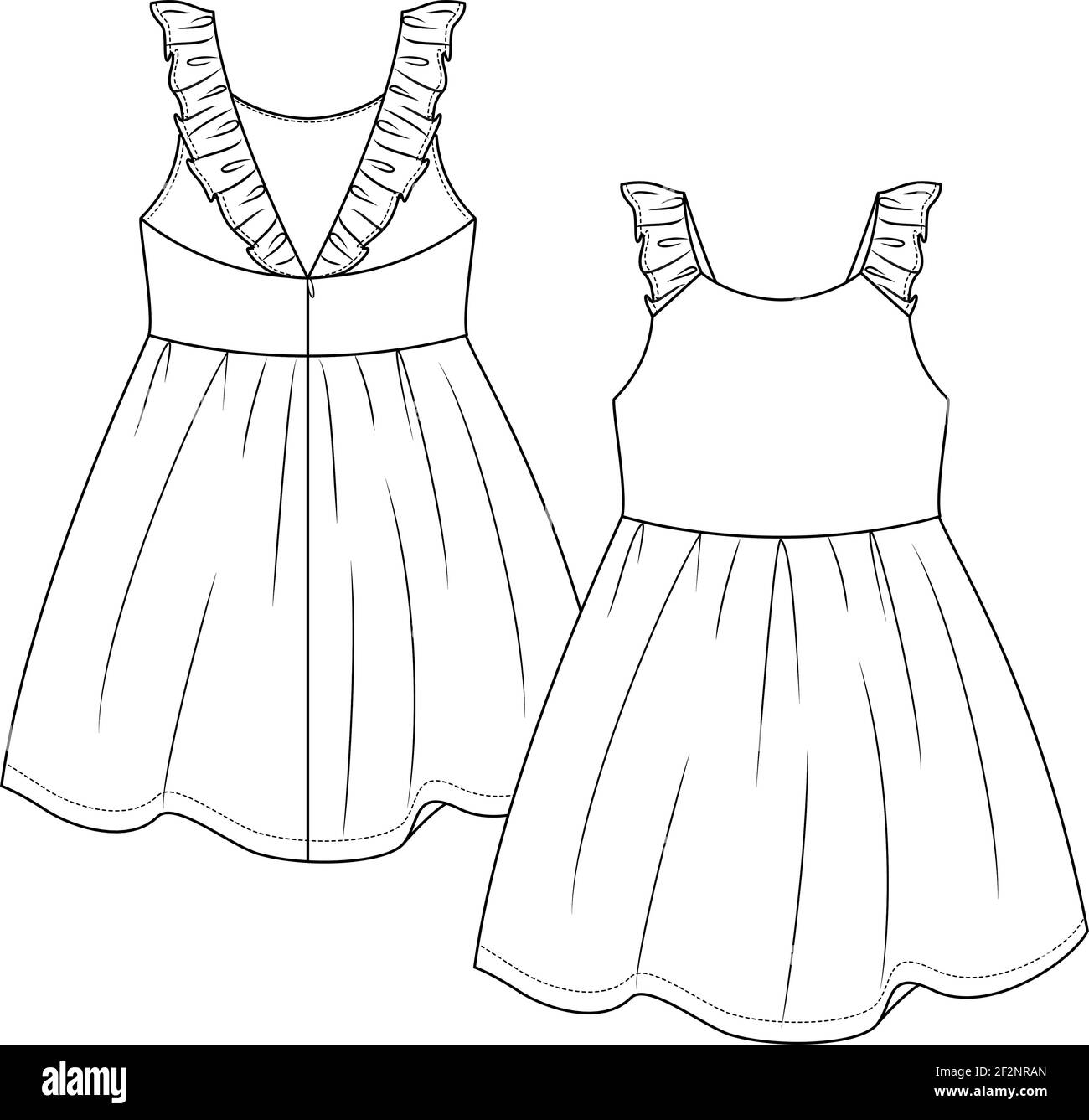 Baby Girls Summer vestito piatto modello di schizzo. Illustrazione tecnica della moda delle ragazze infantili. Apertura posteriore della cerniera. Cinghie di fissaggio Illustrazione Vettoriale