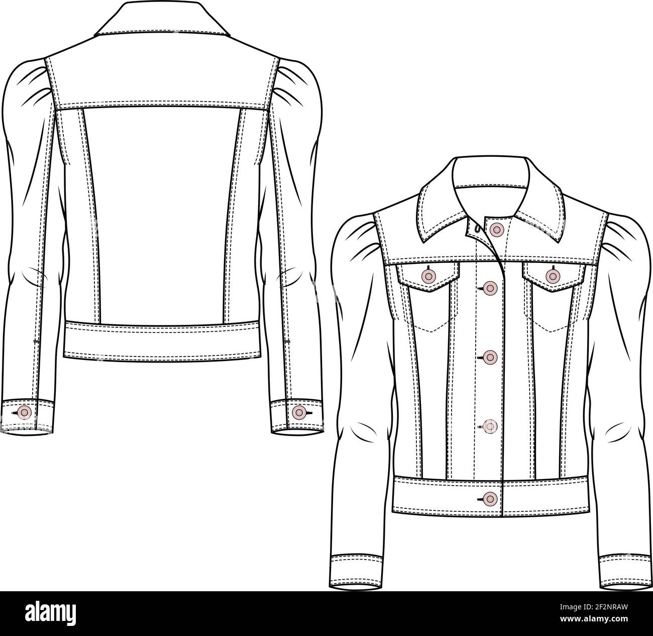 Modello di schizzo piatto di moda jeans Jacket ragazza. Teen Jeans Coat Illustrazione tecnica di moda. CAD tessuto. Maniche soffici Illustrazione Vettoriale
