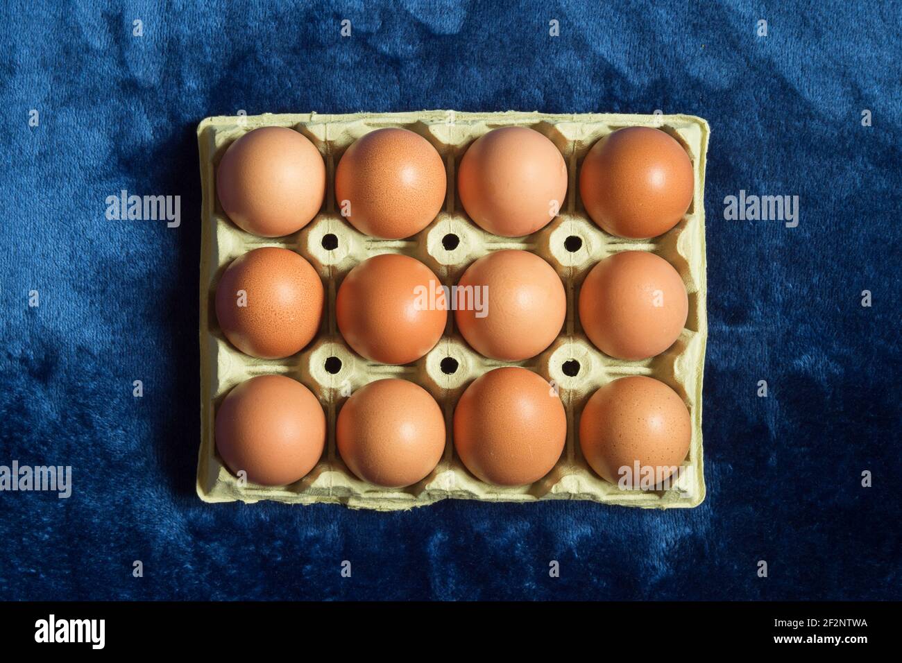 Una scatola di cartone con una dozzina di uova di pollo marroni a gamma libera su uno sfondo blu testurizzato. Prodotti ecologici e alimenti sani. Foto Stock