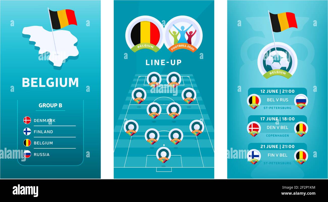 Set di banner verticali per il calcio europeo 2020 per i social media. Banner Belgio gruppo B con mappa isometrica, bandiera a spillo, calendario delle partite e line-up sul calcio Illustrazione Vettoriale
