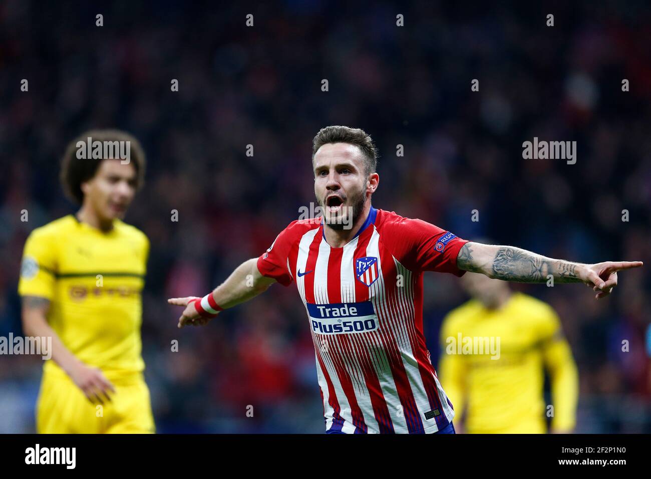 Il centrocampista spagnolo dell'Atletico Madrid Saul Niguez festeggia dopo aver segnato durante la UEFA Champions League, la partita di calcio del Gruppo A tra Atletico de Madrid e Borussia Dortmund il 6 novembre 2018 allo stadio Metropolitano di Madrid, Spagna - Foto Benjamin Cremel / DPPI Foto Stock