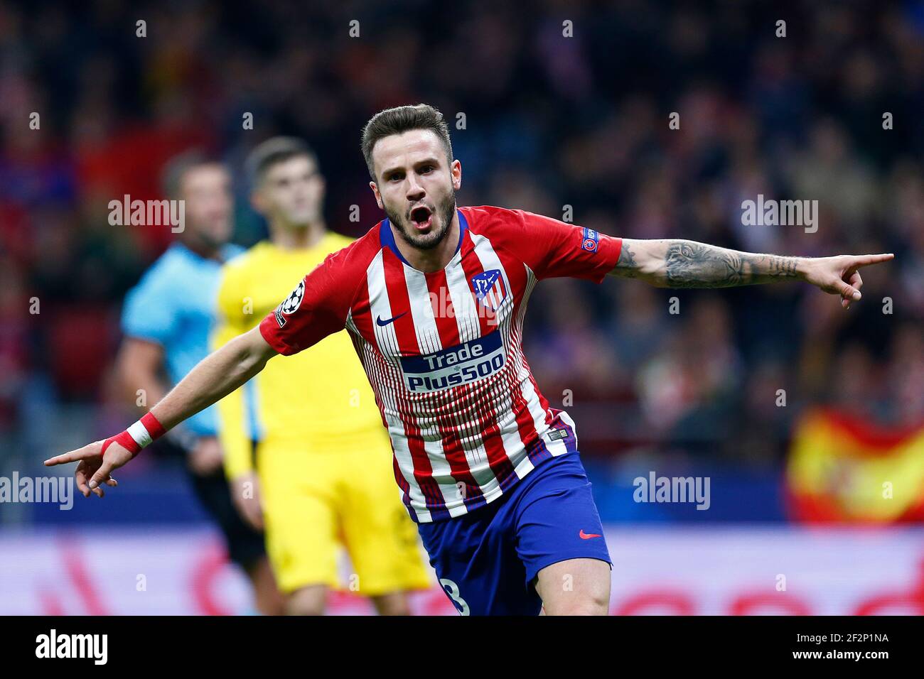 Il centrocampista spagnolo dell'Atletico Madrid Saul Niguez festeggia dopo aver segnato durante la UEFA Champions League, la partita di calcio del Gruppo A tra Atletico de Madrid e Borussia Dortmund il 6 novembre 2018 allo stadio Metropolitano di Madrid, Spagna - Foto Benjamin Cremel / DPPI Foto Stock