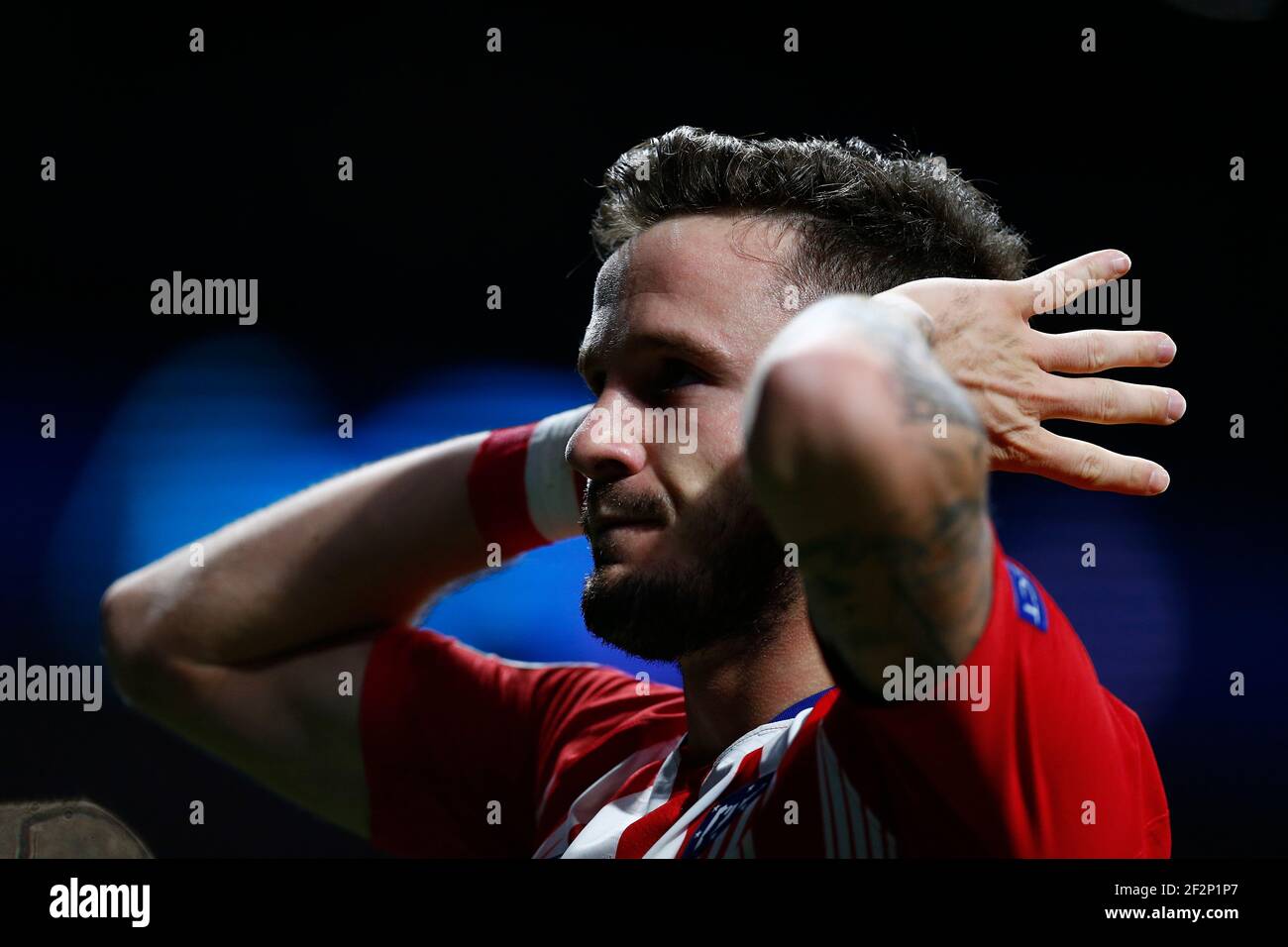 Il centrocampista spagnolo dell'Atletico Madrid Saul Niguez festeggia dopo aver segnato durante la UEFA Champions League, la partita di calcio del Gruppo A tra Atletico de Madrid e Borussia Dortmund il 6 novembre 2018 allo stadio Metropolitano di Madrid, Spagna - Foto Benjamin Cremel / DPPI Foto Stock