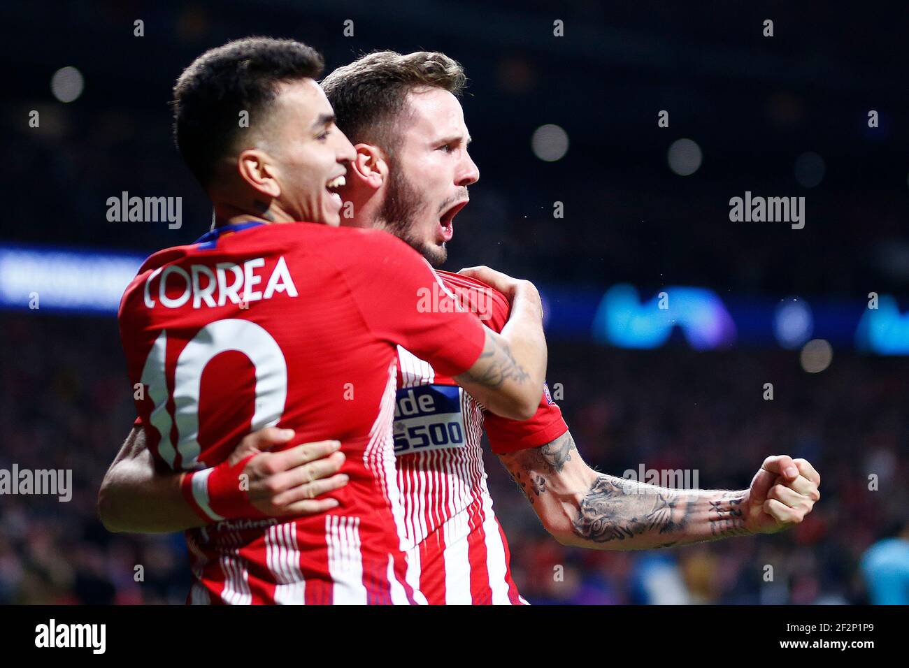Il centrocampista spagnolo dell'Atletico Madrid Saul Niguez festeggia dopo aver segnato durante la UEFA Champions League, la partita di calcio del Gruppo A tra Atletico de Madrid e Borussia Dortmund il 6 novembre 2018 allo stadio Metropolitano di Madrid, Spagna - Foto Benjamin Cremel / DPPI Foto Stock