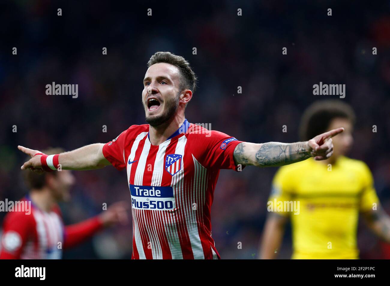 Il centrocampista spagnolo dell'Atletico Madrid Saul Niguez festeggia dopo aver segnato durante la UEFA Champions League, la partita di calcio del Gruppo A tra Atletico de Madrid e Borussia Dortmund il 6 novembre 2018 allo stadio Metropolitano di Madrid, Spagna - Foto Benjamin Cremel / DPPI Foto Stock