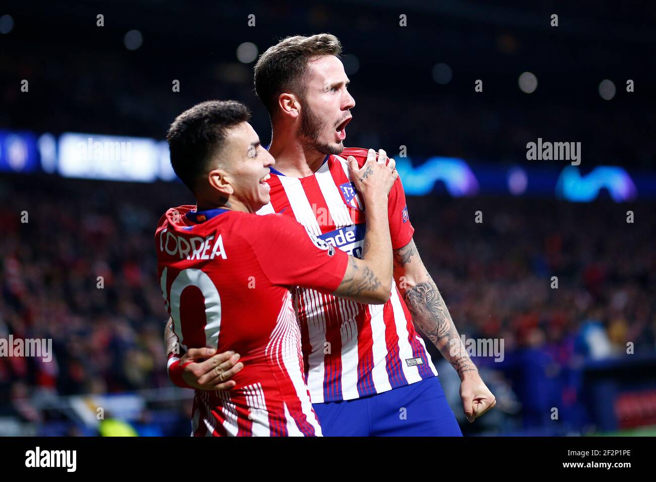 Il centrocampista spagnolo dell'Atletico Madrid Saul Niguez festeggia dopo aver segnato durante la UEFA Champions League, la partita di calcio del Gruppo A tra Atletico de Madrid e Borussia Dortmund il 6 novembre 2018 allo stadio Metropolitano di Madrid, Spagna - Foto Benjamin Cremel / DPPI Foto Stock