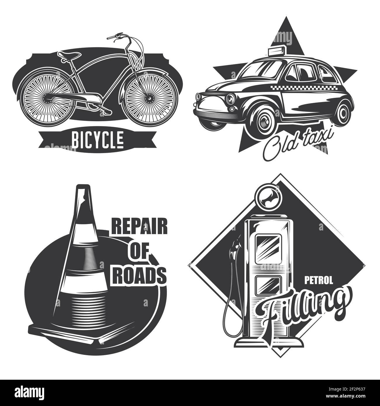 Set di emblemi stradali, di trasporto, etichette, badge, loghi. Isolato su bianco Illustrazione Vettoriale