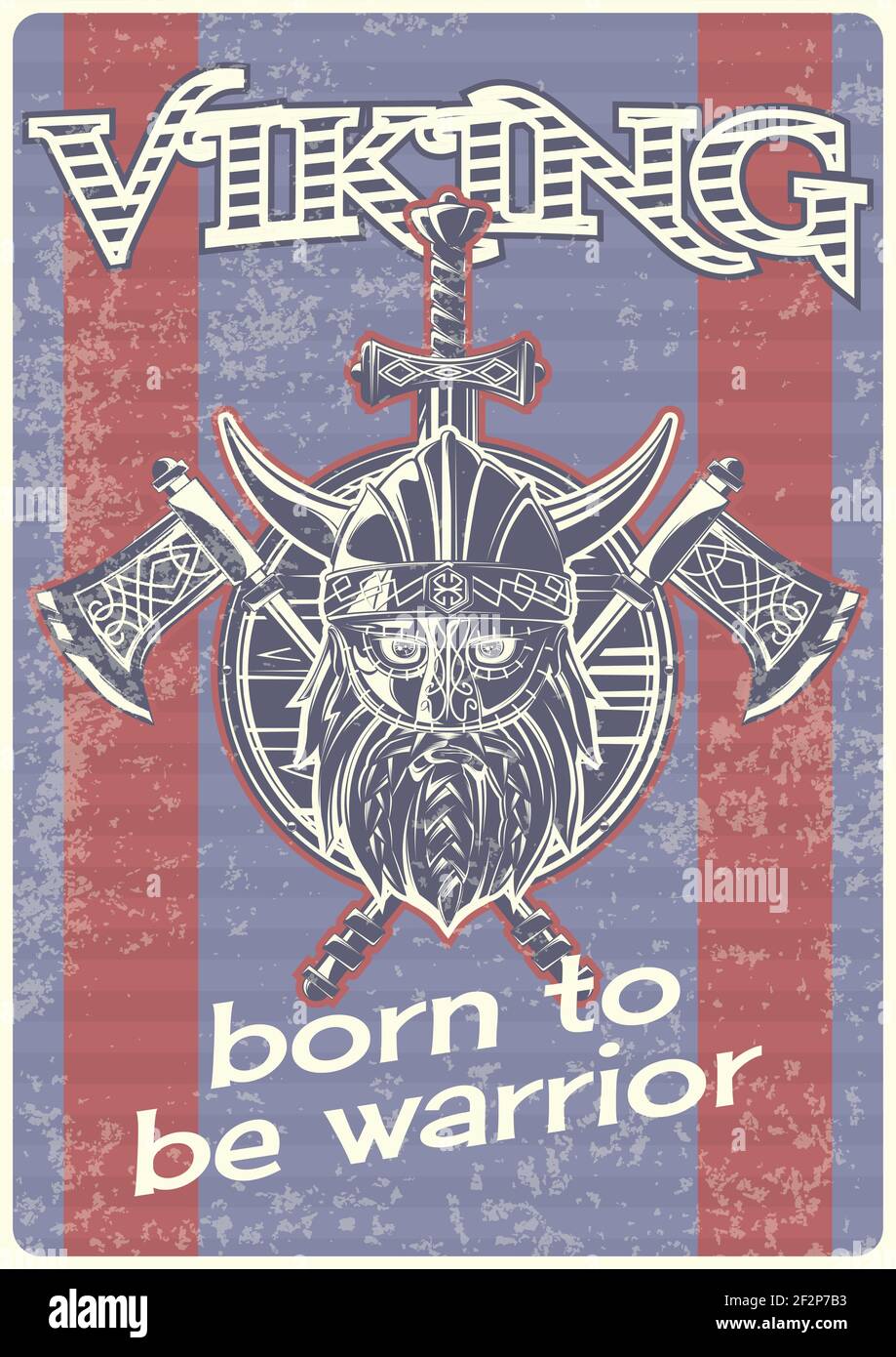Poster vintage con illustrazione di un vichingo con assi e uno scudo. Illustrazione Vettoriale
