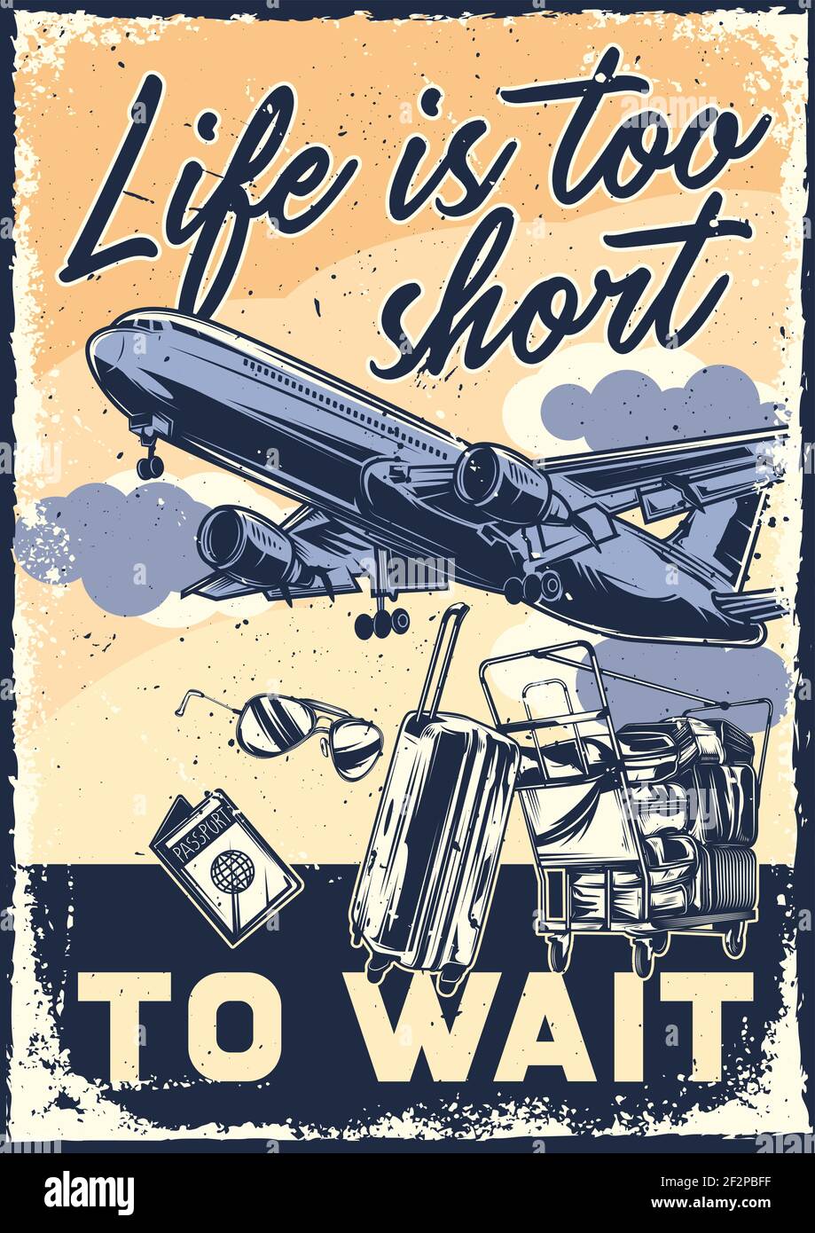 Poster con illustrazione di un aeroplano e di un materiale di viaggio su sfondo vintage. Illustrazione Vettoriale