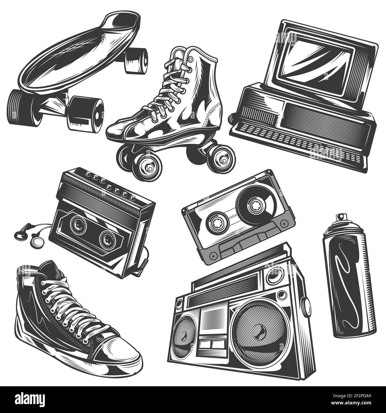 Set di elementi degli anni '80 per la creazione di badge, logo, etichette, poster, ecc. isolati su bianco. Illustrazione Vettoriale