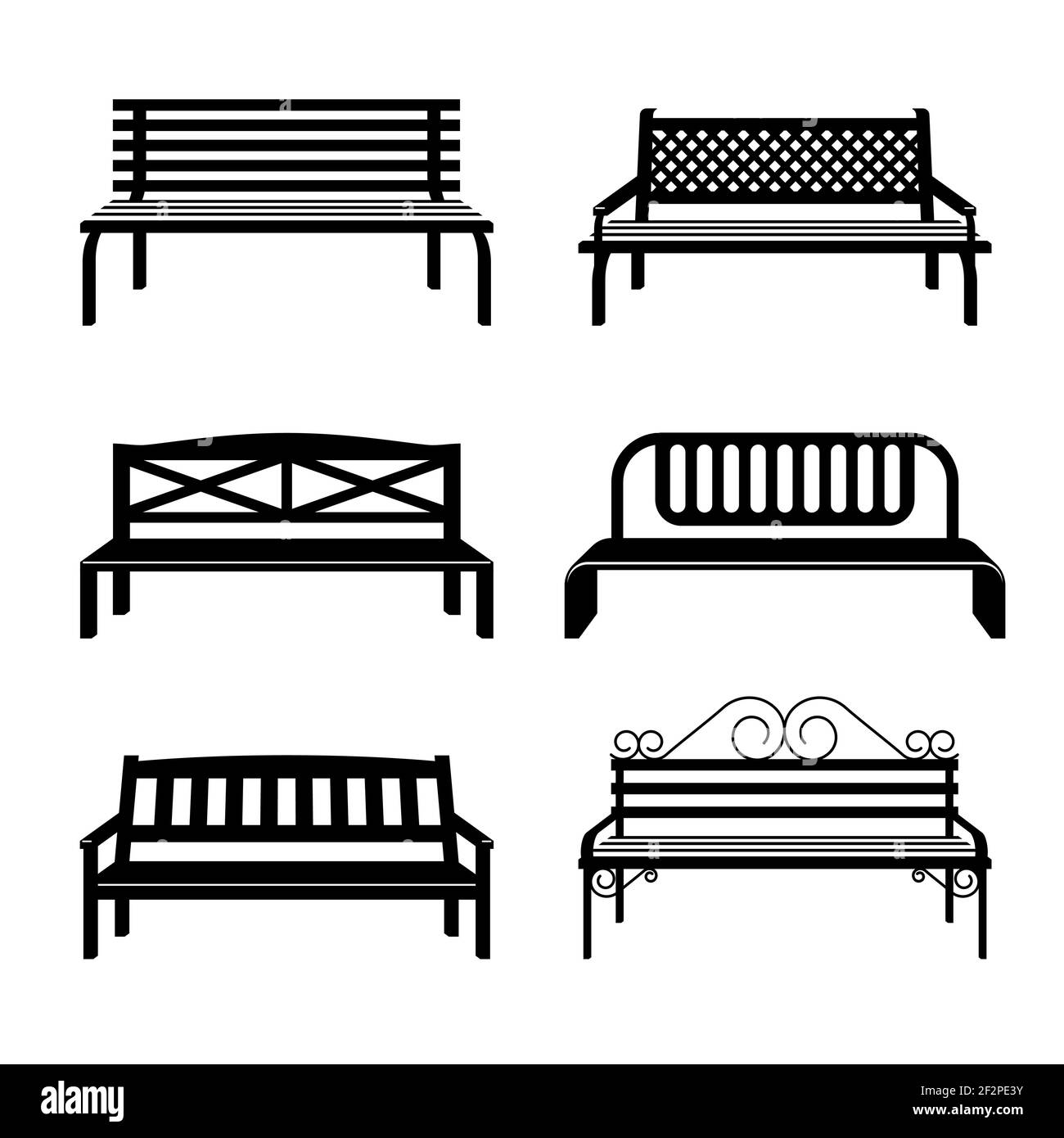 Banchi vettoriali. Panchine sagome nere. Panchina strada per il parco cittadino, set di panchine urbane monocromatiche Illustrazione Vettoriale
