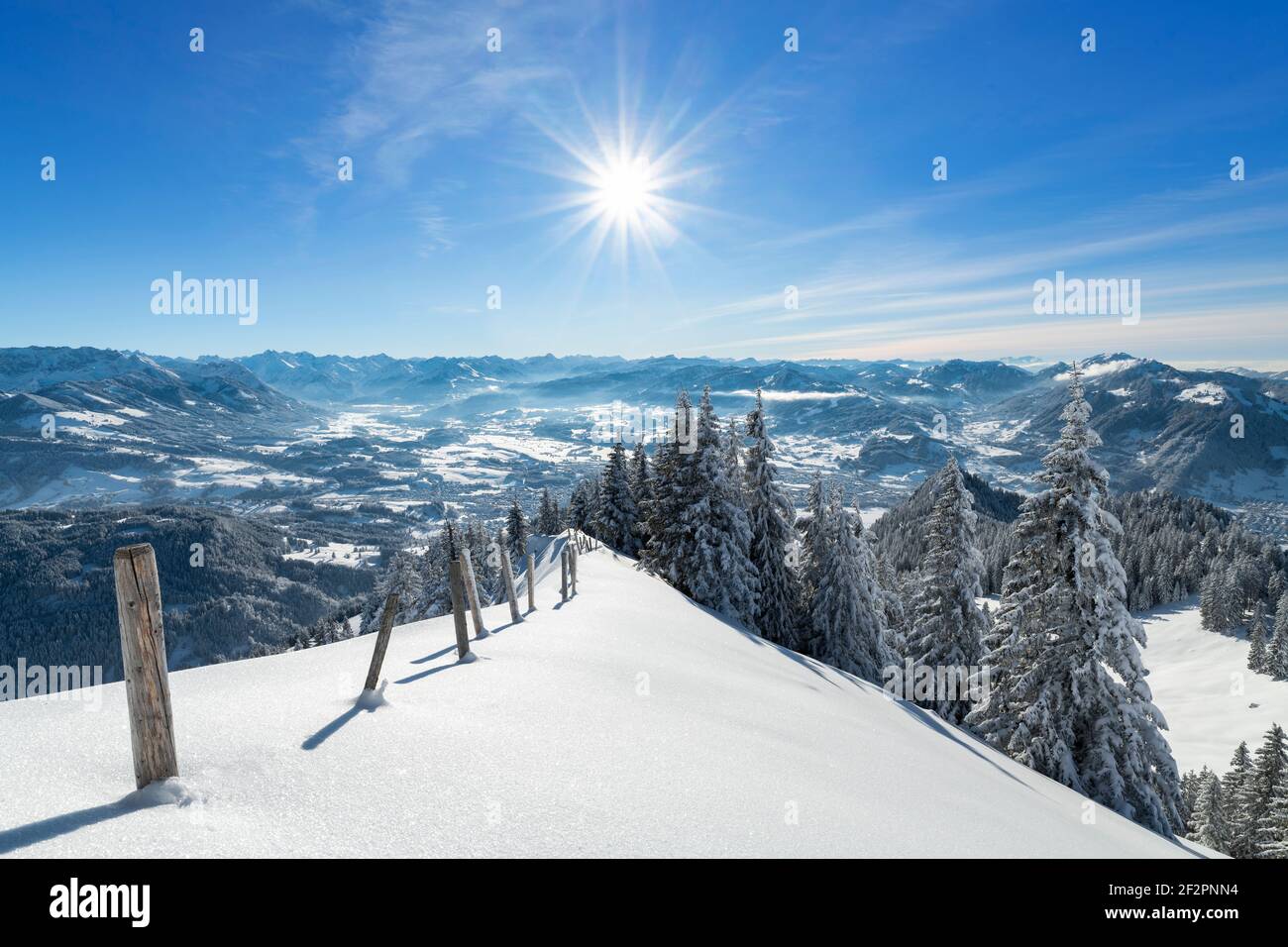 Vista dalla cima del Grünten (Alpi Allgäu) in una giornata invernale soleggiata e fredda. Bayern Germania Foto Stock