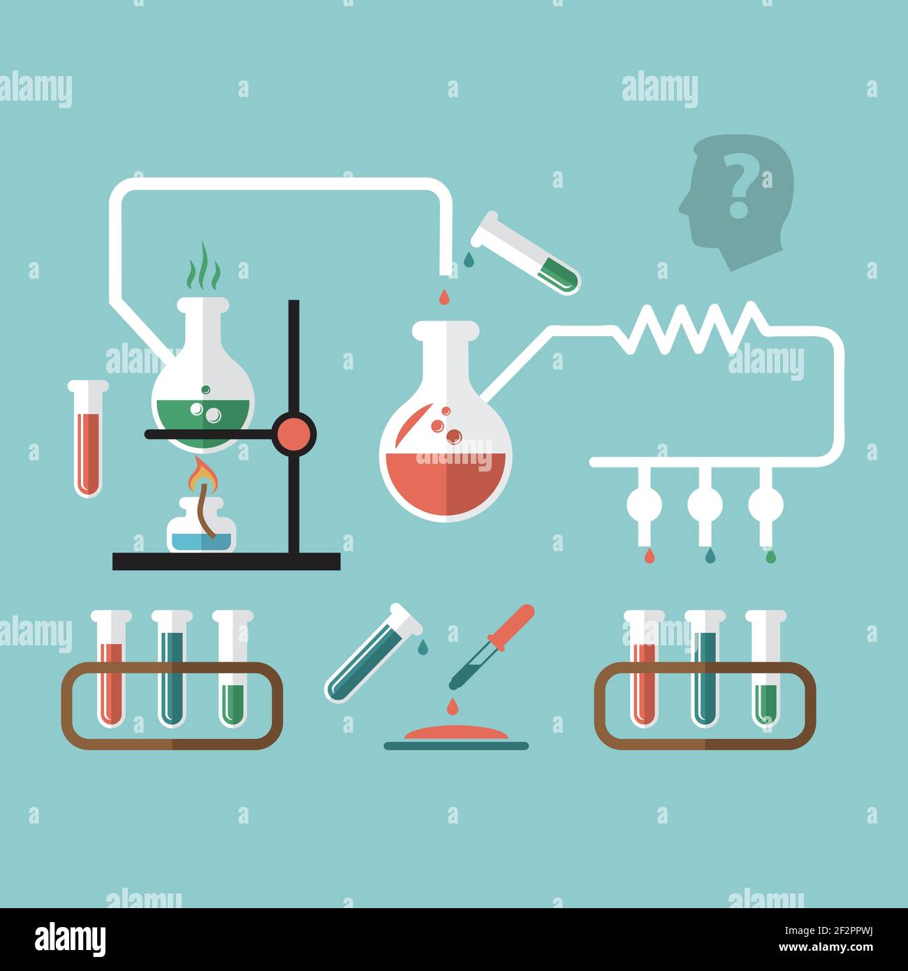 Chimica analisi scientifica molecolare analisi della reazione delle pipette presentazione del grafico infografico con bruciatore fiamma doodle disegno vettoriale Illustrazione Vettoriale