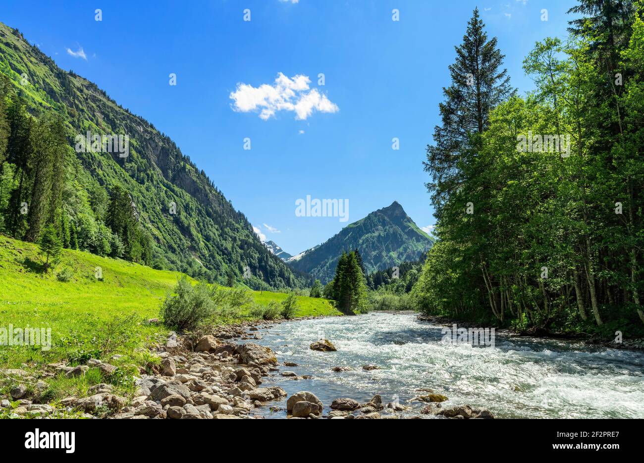 Il fiume Ostrach in un paesaggio alpino di montagna in una soleggiata giornata estiva. Hintersteiner tal, Alpi di Allgäu, Baviera, Germania Foto Stock