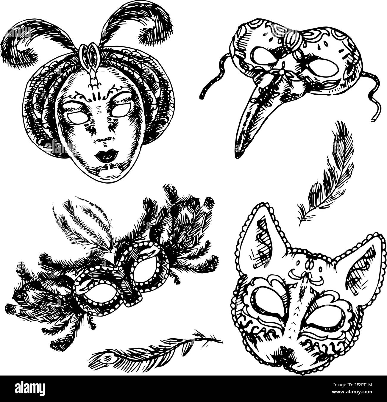 Carnevale Veneziano stile pieno viso e occhi piuma maschere festive le icone impostano l'illustrazione isolata del vettore di doodle dello schizzo Illustrazione Vettoriale