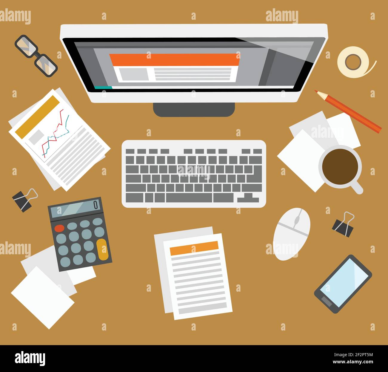 Ambiente di lavoro per la gestione dei contabili aziendali in ufficio con icone di computer per la crescita degli investimenti illustrazione vettoriale Illustrazione Vettoriale