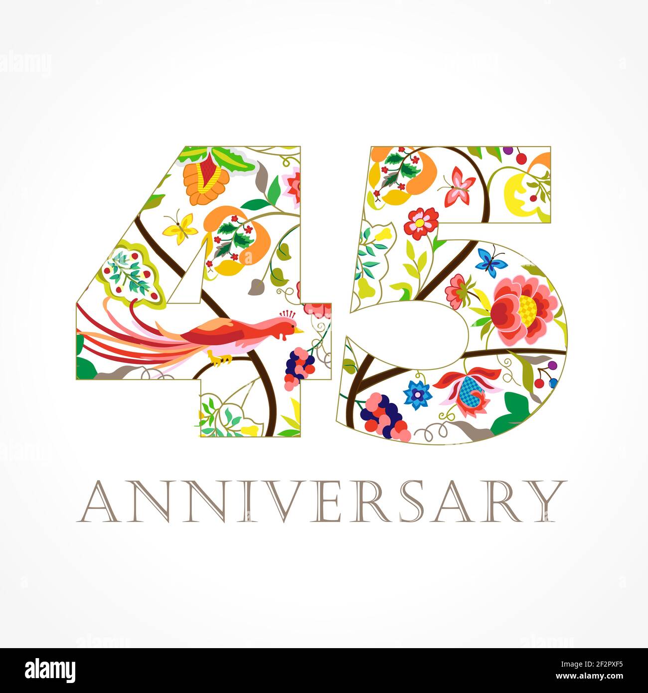 45 anni di lusso festeggiando il logo folk. Modello colorato 45 auguri felice anniversario, fiori etnici, piante, uccelli paradiso. Tradizionale Illustrazione Vettoriale