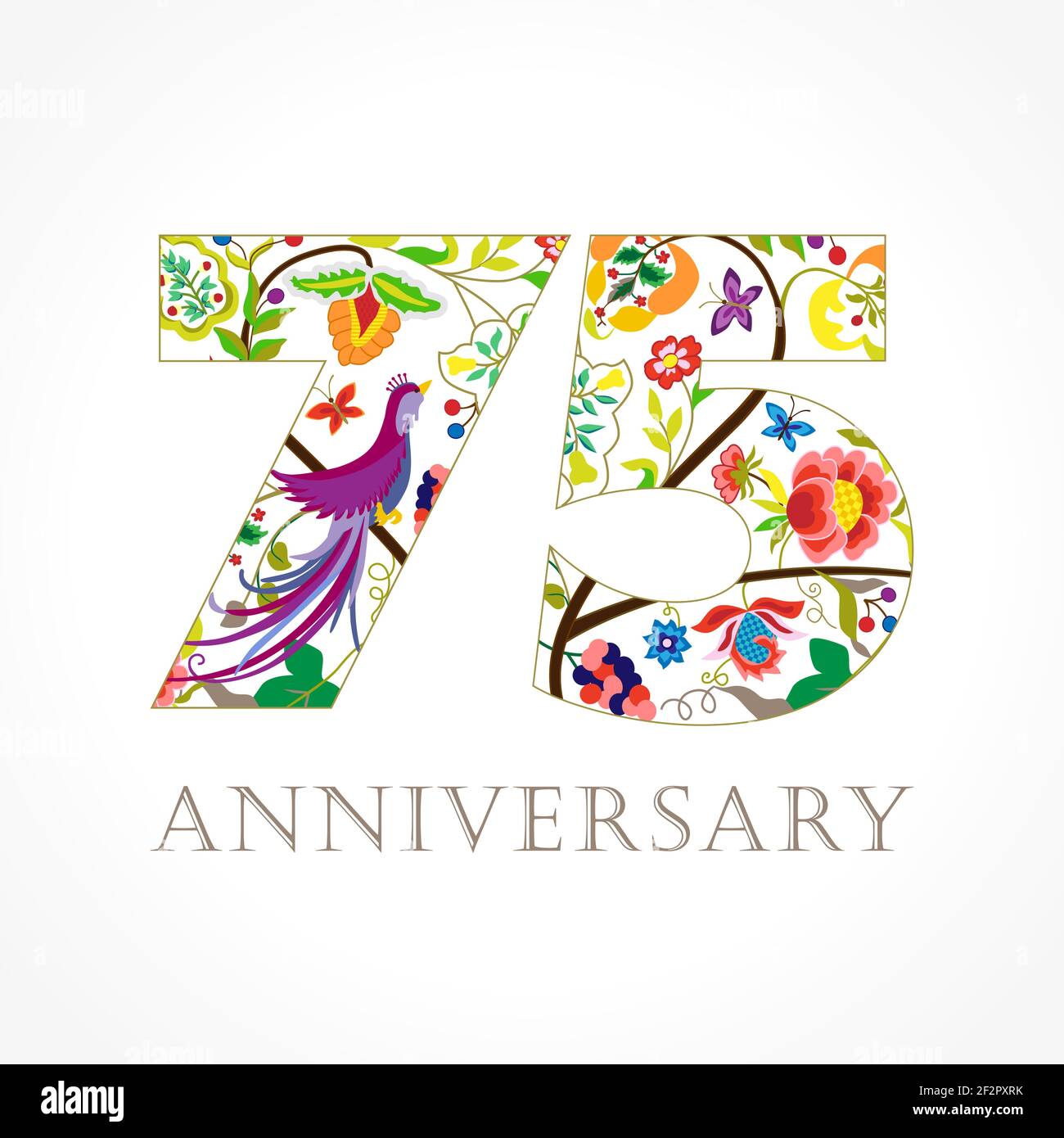 75 anni di lusso festeggiando il logo folk. Modello colorato 75 auguri felice anniversario, fiori etnici, piante, uccelli paradiso. Tradizionale Illustrazione Vettoriale