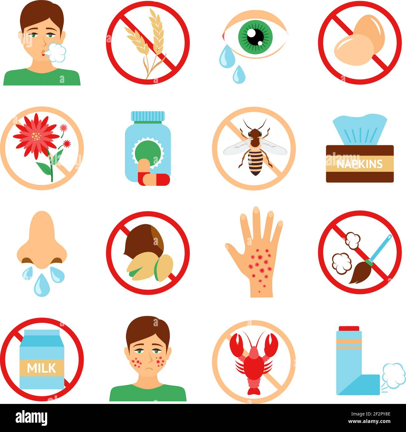 Icone di allergia insieme con polvere fiore contaminante simboli isolati illustrazione vettoriale Illustrazione Vettoriale