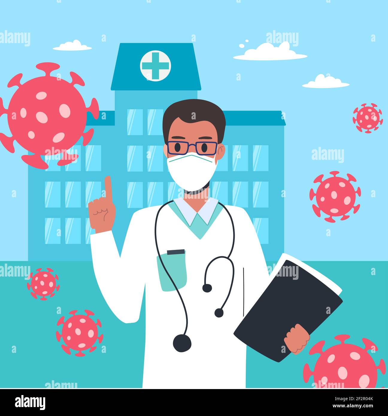 Un medico in un cappotto bianco e maschera medica avverte dei pericoli del coronavirus. L'uomo virologo sullo sfondo dell'ospedale dà raccomandazioni, Vector in stile cartoon Illustrazione Vettoriale