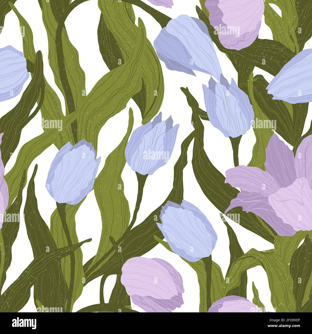 Motivo senza cuciture di fiori di tulipano blu e viola su sfondo bianco. Illustrazione vettoriale. Ideale per la progettazione di confezioni, tessuti o stampe. Simbolo dello spri Illustrazione Vettoriale