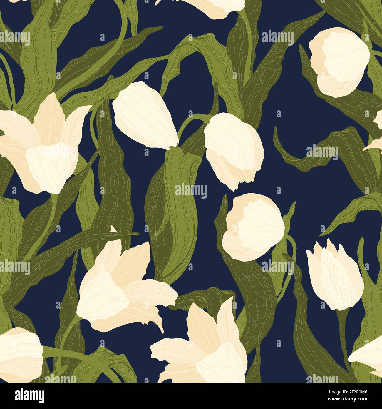 Motivo senza cuciture di fiori di tulipano bianchi su sfondo blu scuro. Illustrazione vettoriale. Ideale per la progettazione di confezioni, tessuti o stampe. Simbolo della primavera Illustrazione Vettoriale