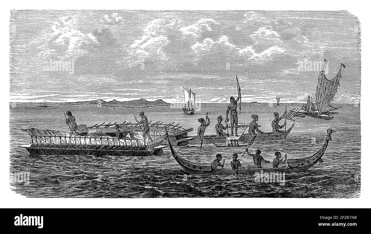 Incisione antica di navi antiche nell'Oceano Pacifico. Illustrazione pubblicata in Systematischer Bilder-Atlas zum Conversations-Lexikon, Ikonographis Foto Stock