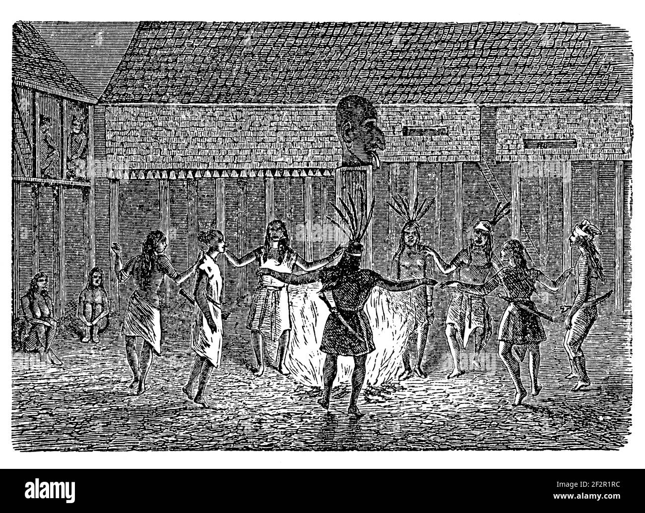 Antica illustrazione del XIX secolo della danza Dayak. Incisione pubblicata su Systematischer Bilder-Atlas zum Conversations-Lexikon, Ikonographische Encykl Foto Stock