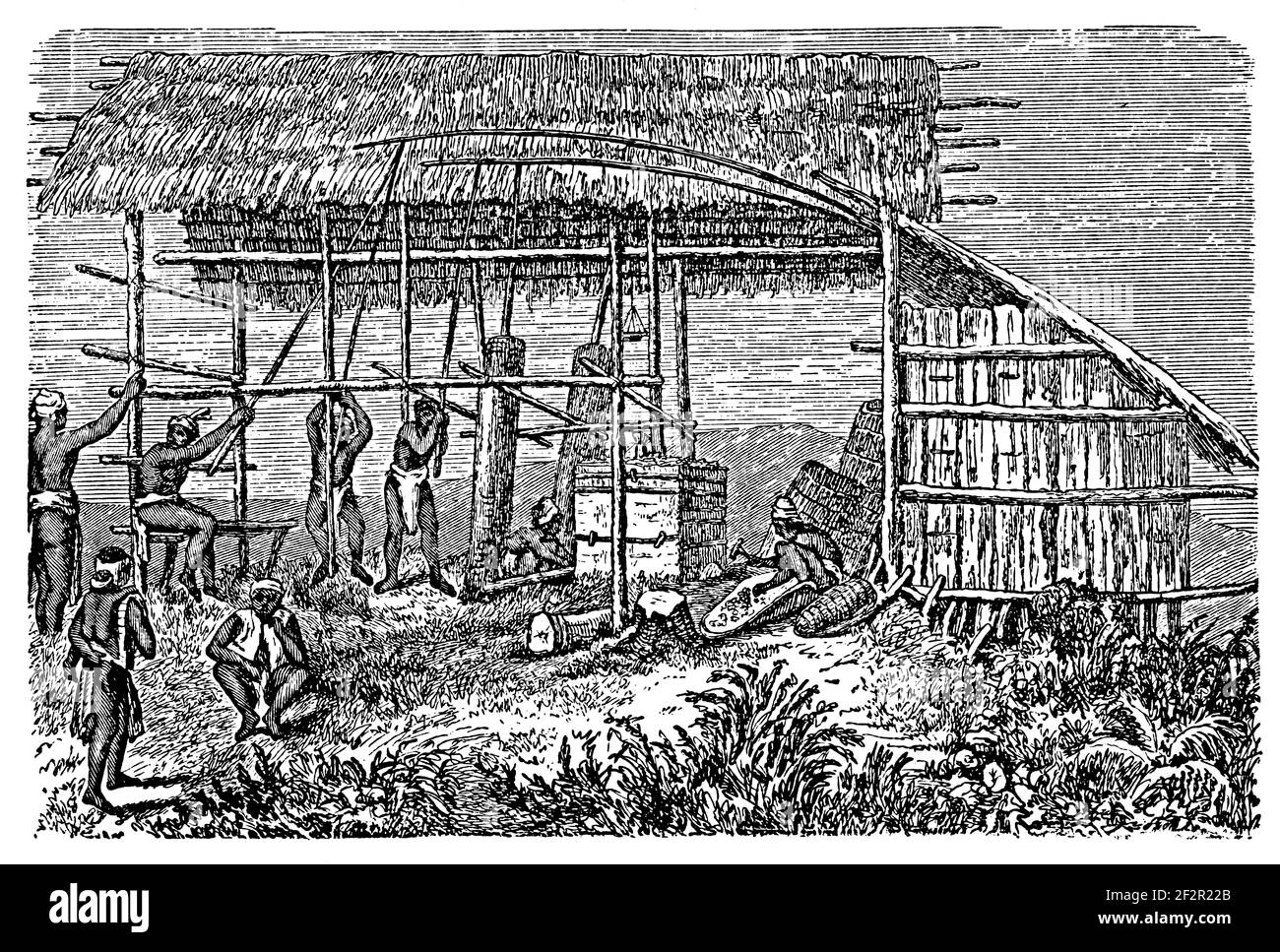 Incisione antica della vita del popolo Dayak. Illustrazione pubblicata in Systematischer Bilder-Atlas zum Conversations-Lexikon, Ikonographische Encyklopae Foto Stock