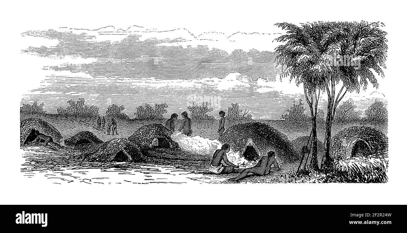 Illustrazione del villaggio nord australiano del XIX secolo. Pubblicato in Systematischer Bilder-Atlas zum Conversations-Lexikon, Ikonographische Encyklopaed Foto Stock