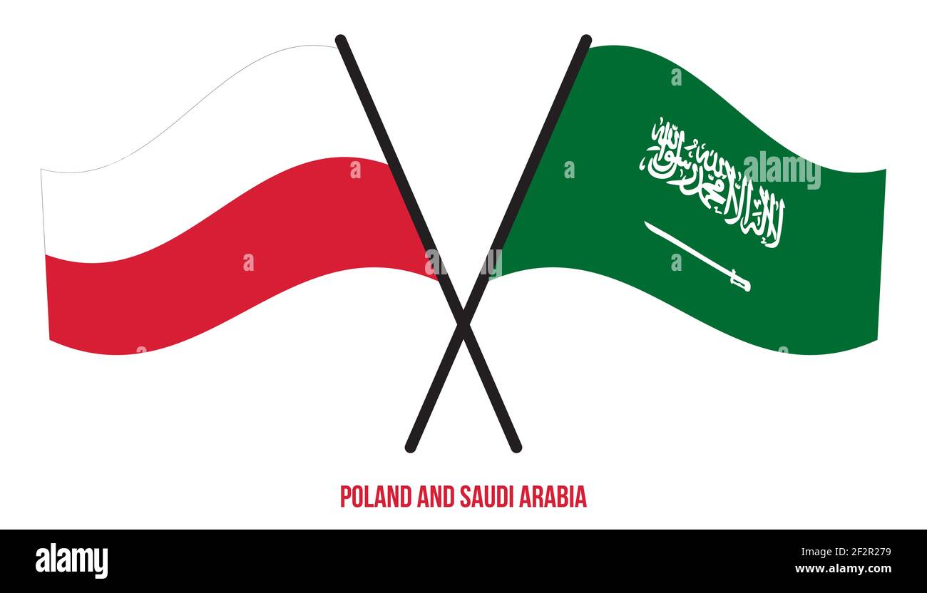 Polonia e Arabia Saudita Bandiere incrociate e ondulate in stile piatto. Proporzione ufficiale. Colori corretti. Foto Stock
