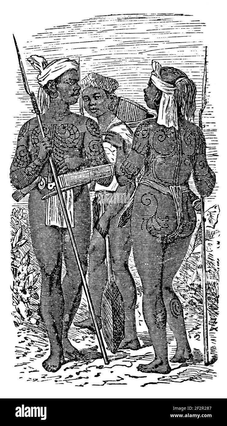 Incisione antica del XIX secolo degli abitanti del Borneo del Sud. Illustrazione pubblicata in Systematischer Bilder-Atlas zum Conversations-Lexikon, Ikonog Foto Stock