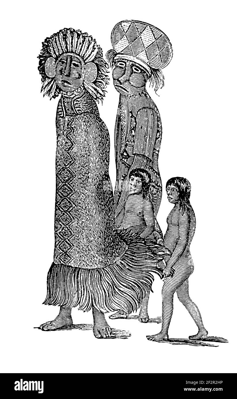 Incisione ottocentesca del popolo Ticuna. Illustrazione pubblicata in Systematischer Bilder-Atlas zum Conversations-Lexikon, Ikonographische Encyklopedi Foto Stock