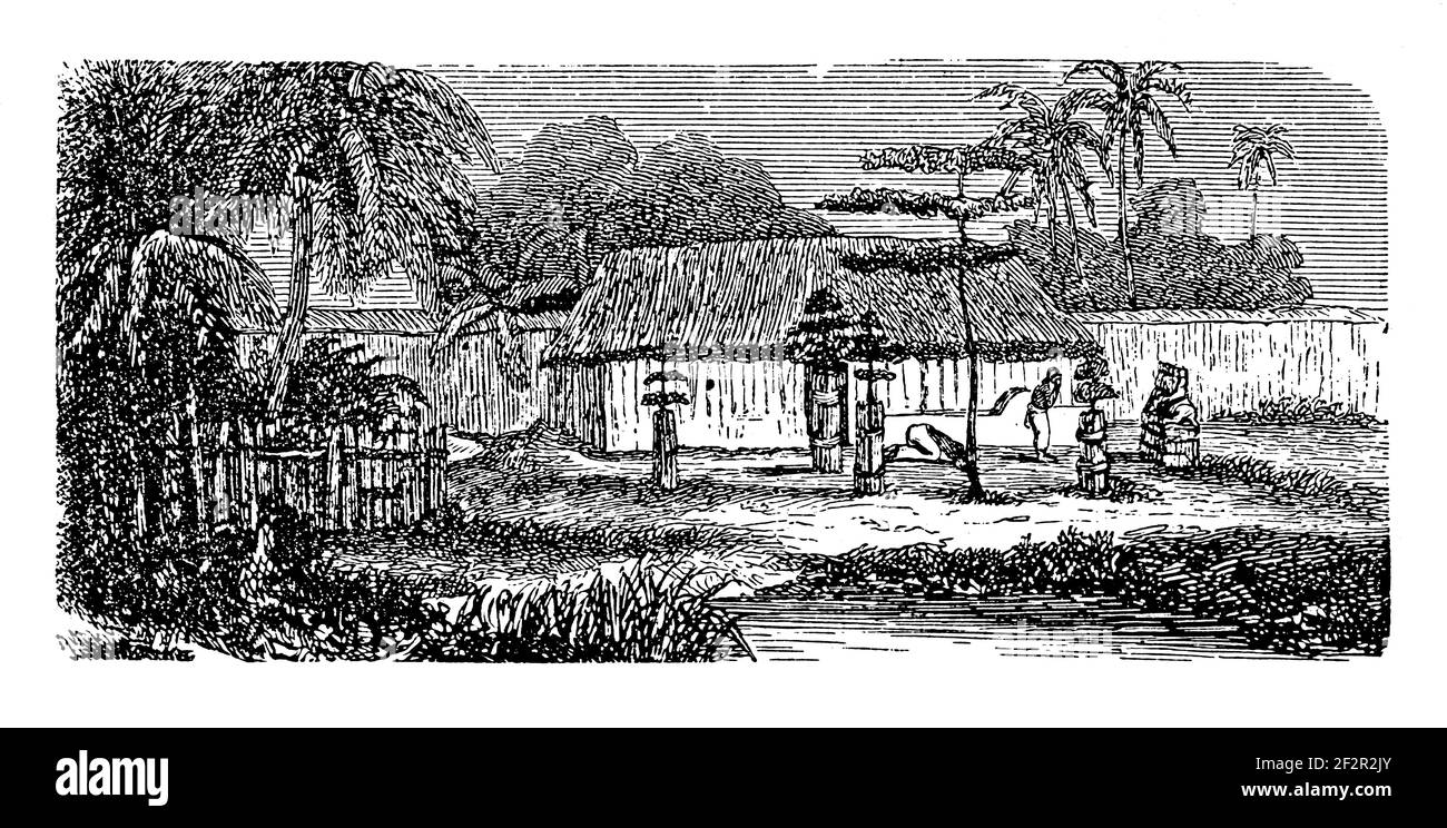 Incisione ottocentesca di una casa Brahmin. Illustrazione pubblicata in Systematischer Bilder-Atlas zum Conversations-Lexikon, Ikonographische Encyklopae Foto Stock