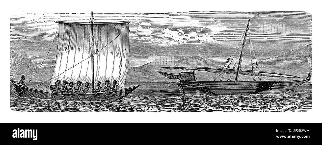 Incisione antica di navi nei pressi di Zanzibar. Illustrazione pubblicata in Systematischer Bilder-Atlas zum Conversations-Lexikon, Ikonographische Encyklopaed Foto Stock Incisione antica di navi nei pressi di Zanzibar. Illustrazione pubblicata in Systematischer Bilder-Atlas zum Conversations-Lexikon, Ikonographische Encyklopaed Foto Stock