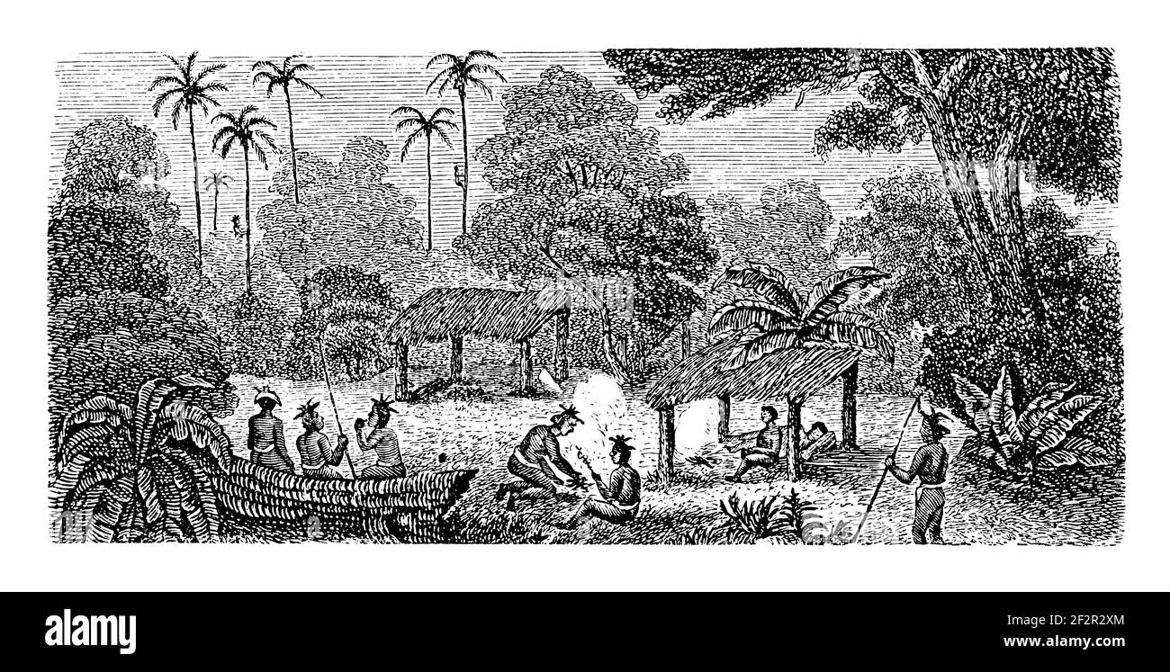 Antica incisione del XIX secolo del villaggio di Fernao do po. Illustrazione pubblicata in Systematischer Bilder-Atlas zum Conversations-Lexikon, Ikonographisc Foto Stock
