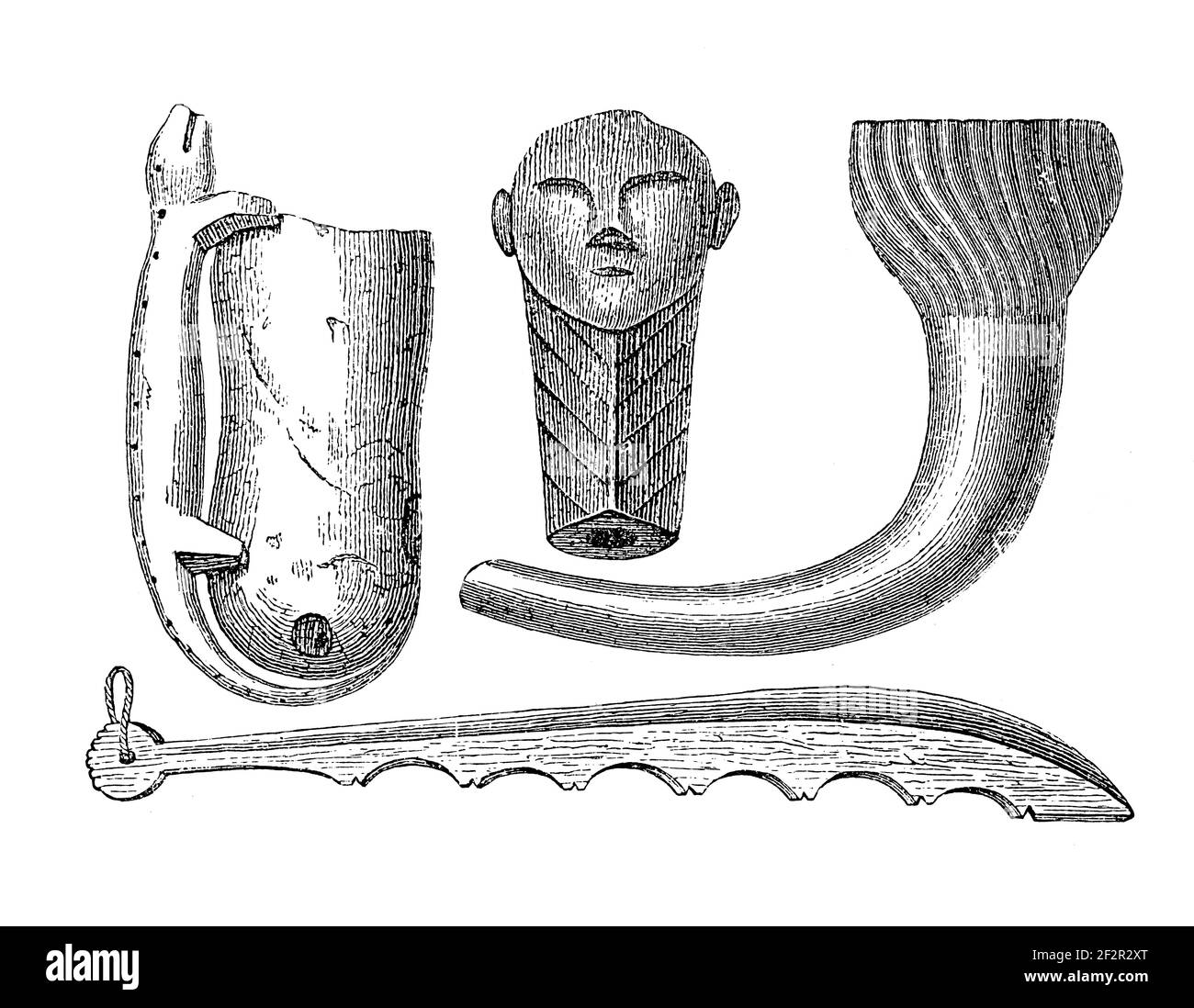 Incisione antica di manufatti indiani. Illustrazione pubblicata in Systematischer Bilder-Atlas zum Conversations-Lexikon, Ikonographische Encyklopedie Foto Stock