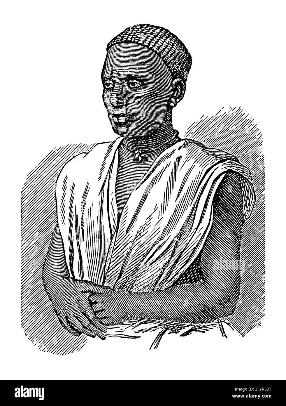 Antica illustrazione ottocentesca di uno Swahili di Zanzibar. Incisione pubblicata su Systematischer Bilder-Atlas zum Conversations-Lexikon, Ikonograph Foto Stock