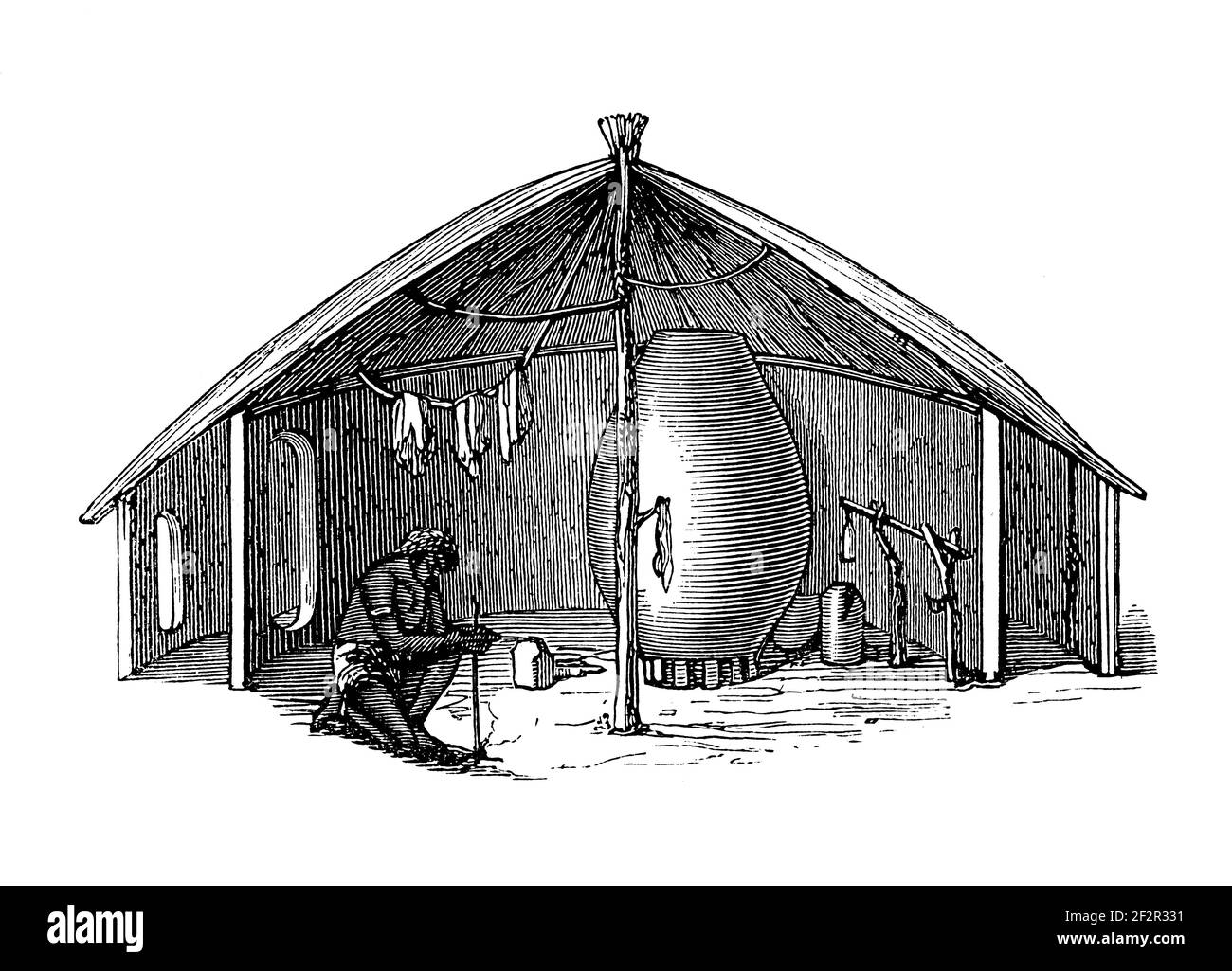 Illustrazione antica di una casa di Basotho. Incisione pubblicata su Systematischer Bilder-Atlas zum Conversations-Lexikon, Ikonographische Encyklopedie d Foto Stock