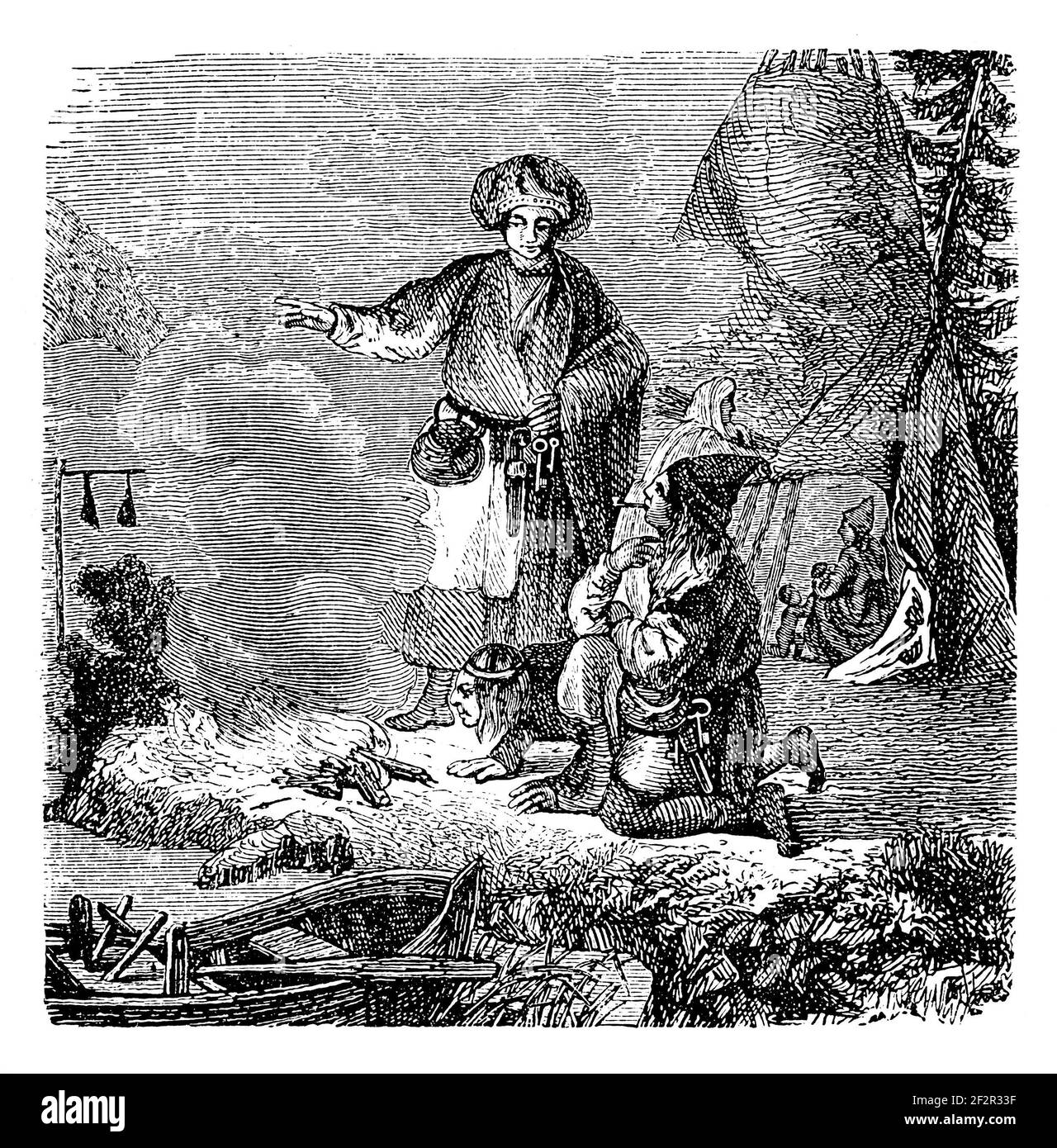 Antica illustrazione del popolo Sami. Incisione pubblicata su Systematischer Bilder-Atlas zum Conversations-Lexikon, Ikonographische Encyklopedie der W. Foto Stock