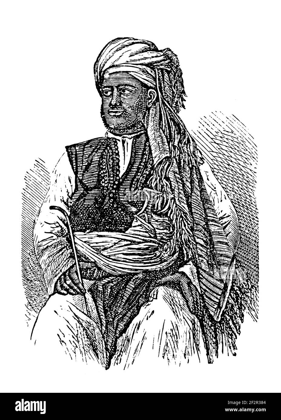 Incisione ottocentesca di un arabo di Zanzibar. Illustrazione pubblicata in Systematischer Bilder-Atlas zum Conversations-Lexikon, Ikonographische ency Foto Stock